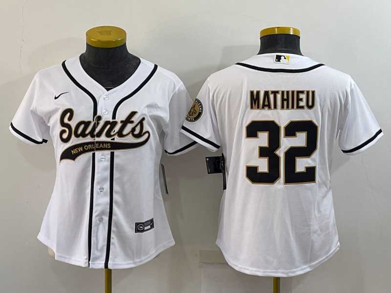 Womens New Orleans Saints #32 Tyrann Mathieu White With Patch Cool Base Stitched Baseball Jersey